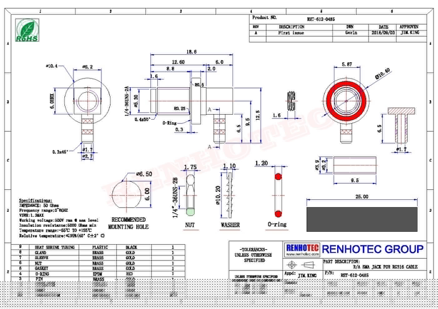 SMA接线RG174 / RG316 / LMR100公头弯式压接型连接器