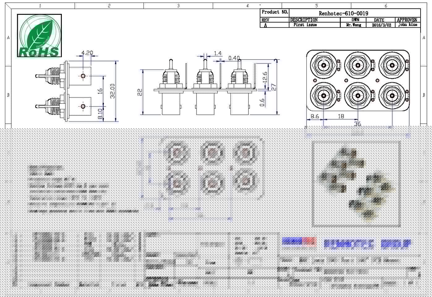 pcb 插座6同轴射频直式母头 BNC连接器