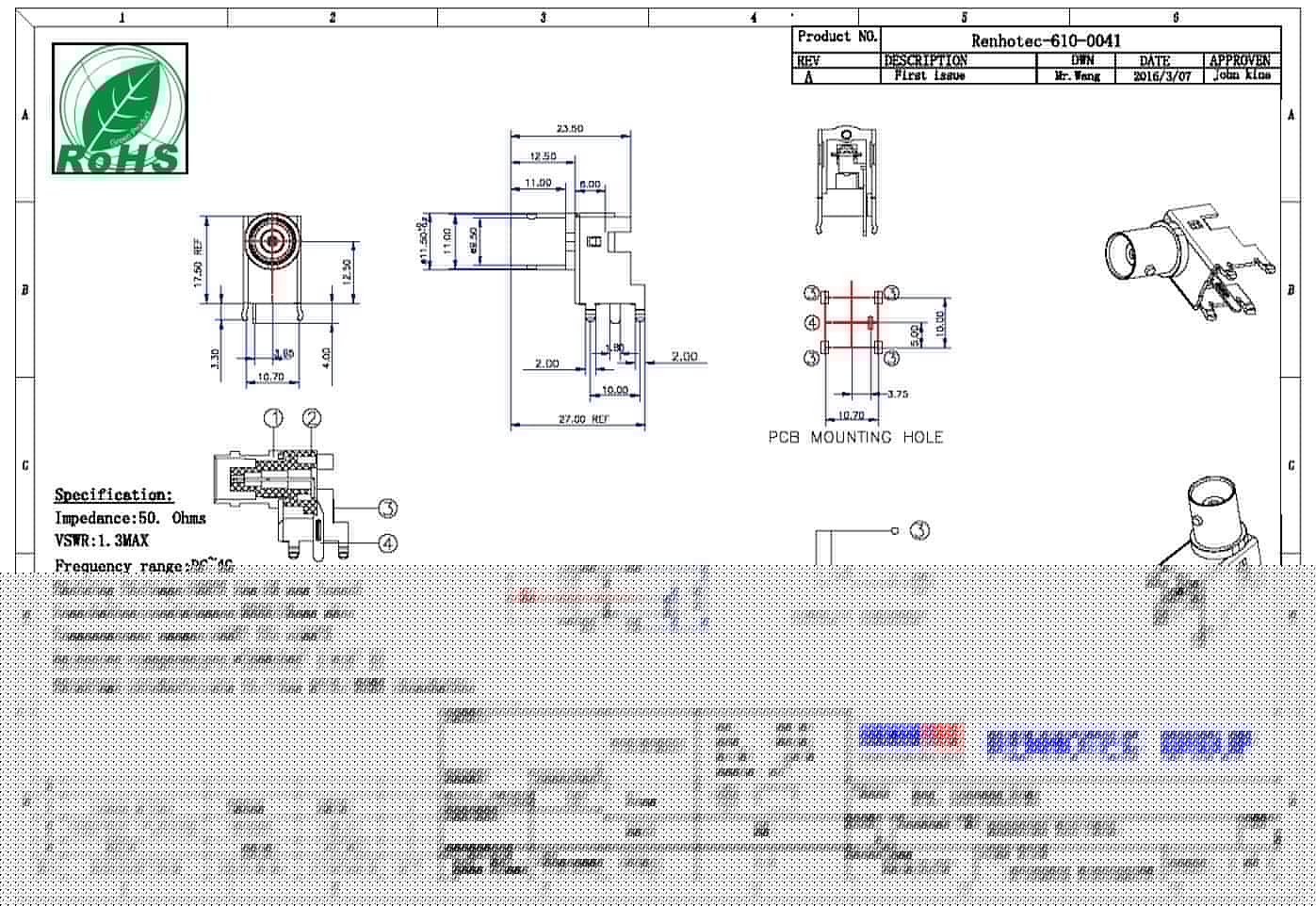 板端连接器PCB 弯式母头锌合金 BNC射频同轴