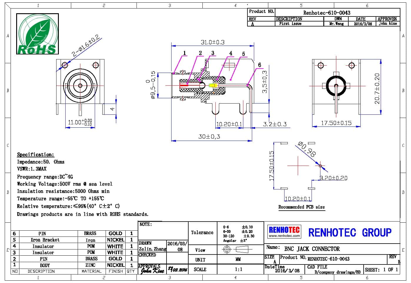 rf射频同轴连接器 BNC弯式母头 PCB