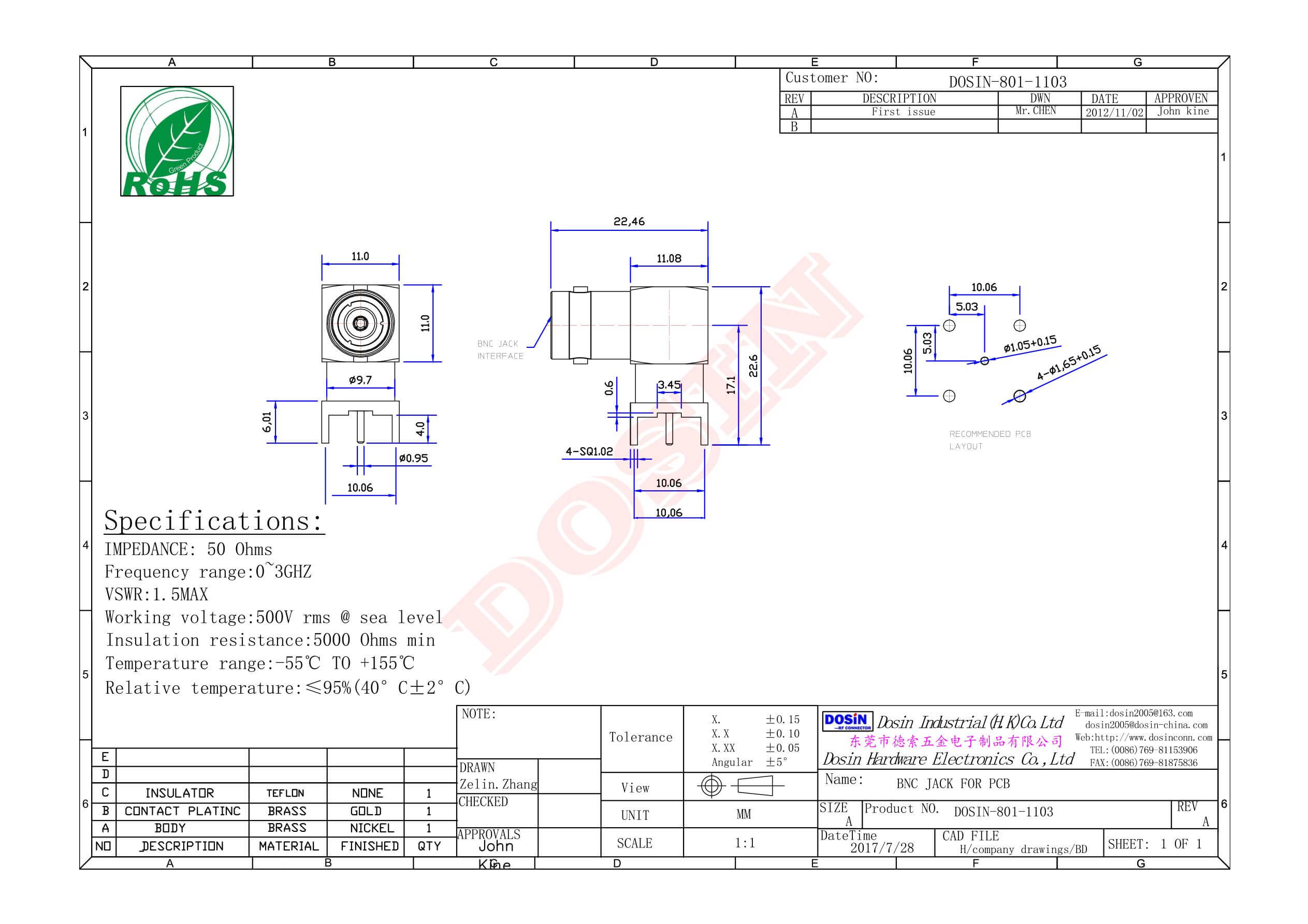 bnc 连接器 90度母头插孔接PCB板接头
