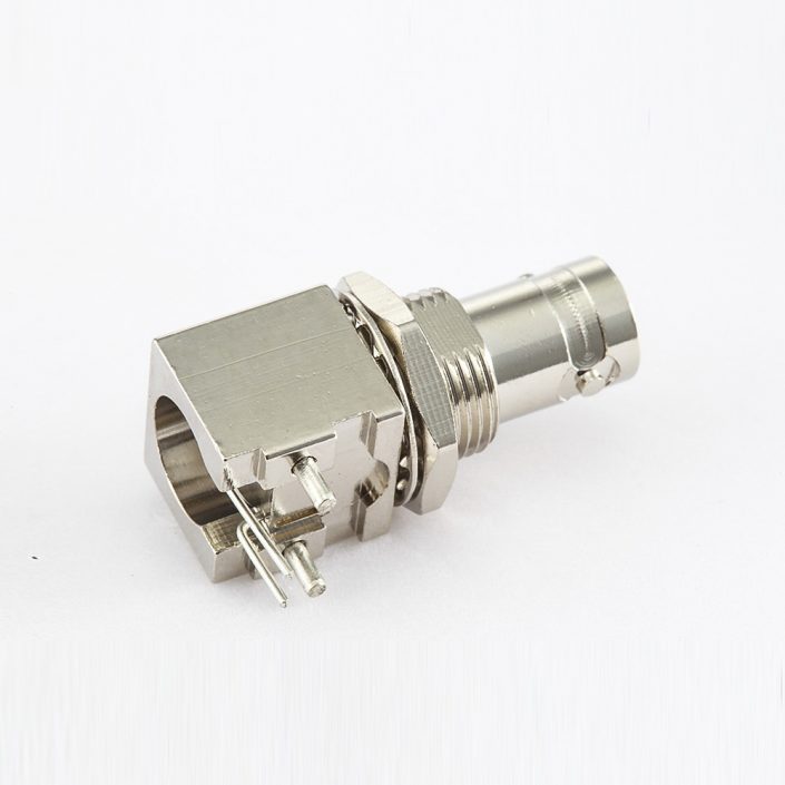 BNC连接器50ΩPCB安装母头弯式插孔前锁穿墙 BNC连接器50ΩPCB安装母头弯式插孔前锁穿墙