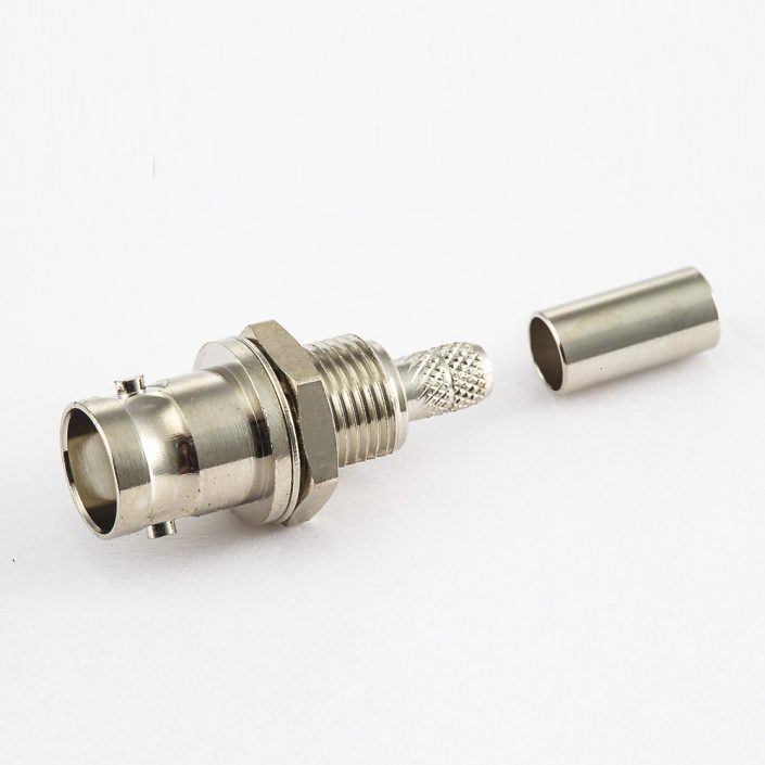 用于RG58/RG142的BNC母头压接连接器直式面板安装后锁穿墙 用于RG58/RG142的BNC母头压接连接器直式面板安装后锁穿墙