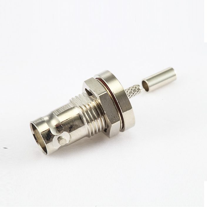 面板安装的后锁穿墙BNC母头180度连接器压接接线用于RG174/RG316 面板安装的后锁穿墙BNC母头180度连接器压接接线用于RG174/RG316