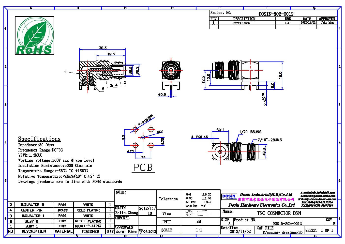 tnc型射频连接器弯式方形5引脚穿墙式 pcb板