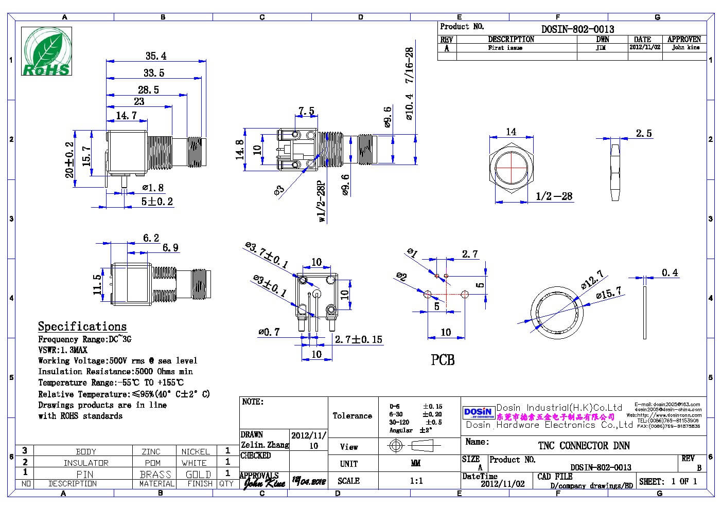 tnc射频连接器穿墙弯式母头 pcb电路板安装