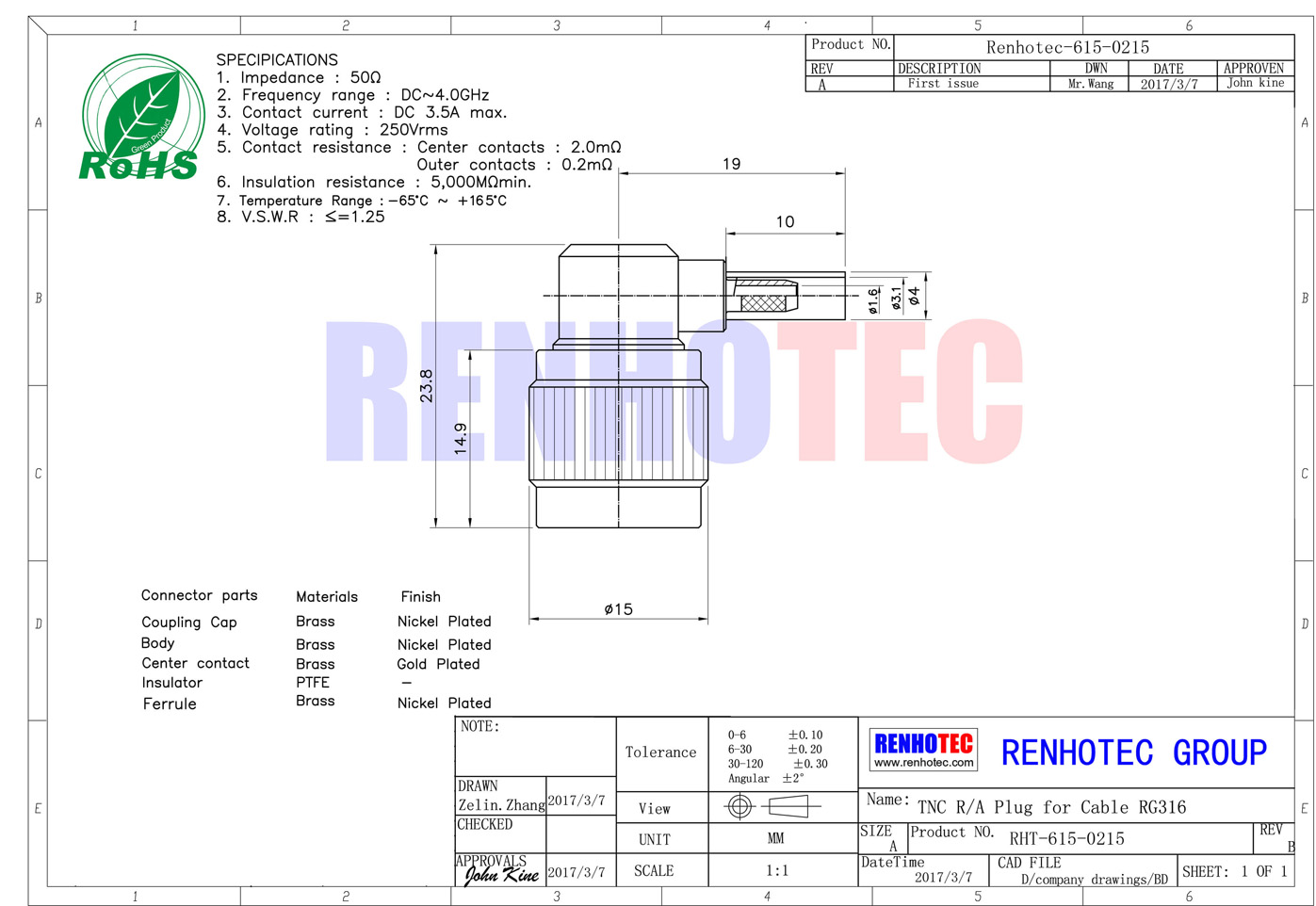 接线RG316弯式压接公头 同轴线缆tnc连接器
