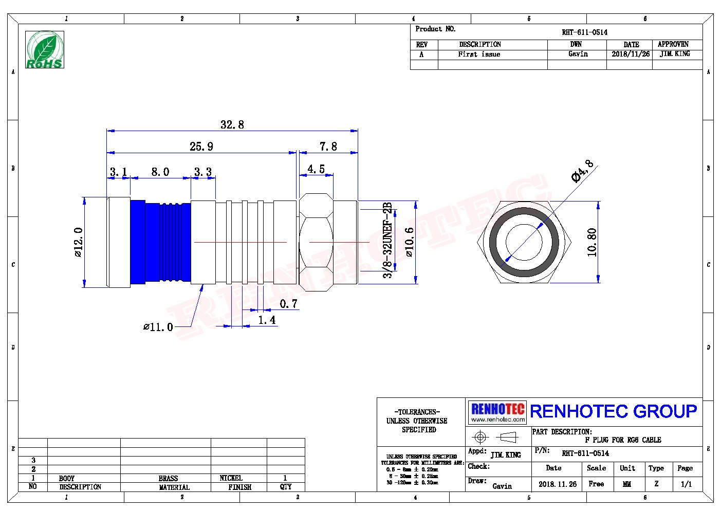 f连接器直式挤压式公头同轴接线RG6_RG11