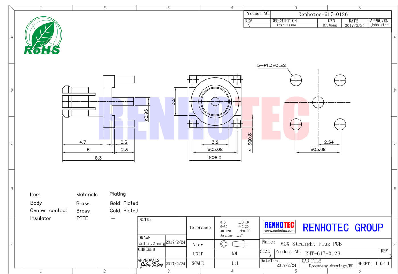 有线电视连接头直插式PCB板端mcx连接器公头