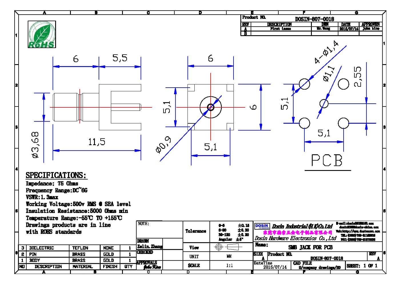 pcb 连接器电路板smb直插镀金母头