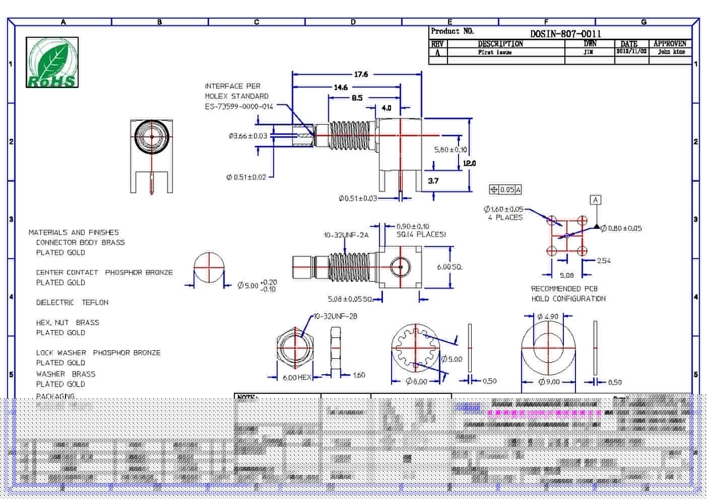 连接器 pcb板端弯式穿墙smb母头连接器