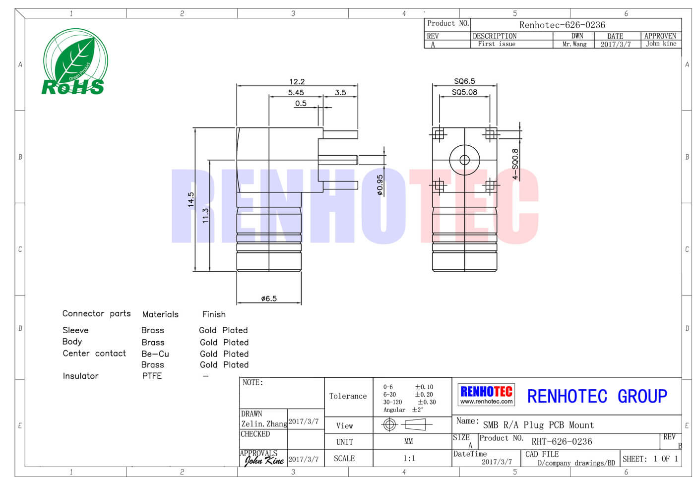 pcb 板连接器镀金弯插smb公头