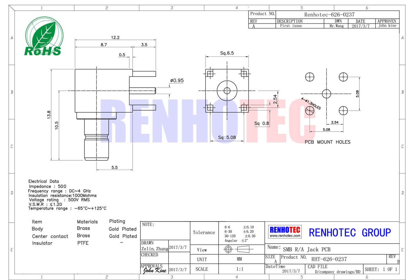 pcb板电子连接器smb弯插镀金母头