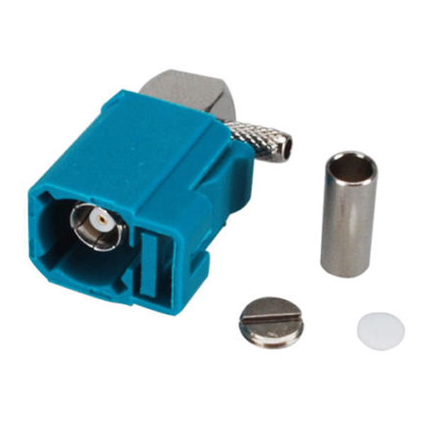 Fakra连接器母头 Fakra Z直角水蓝色压接连接器,用于RG174 RG316电缆 Fakra连接器母头 Fakra Z直角水蓝色压接连接器,用于RG174 RG316电缆