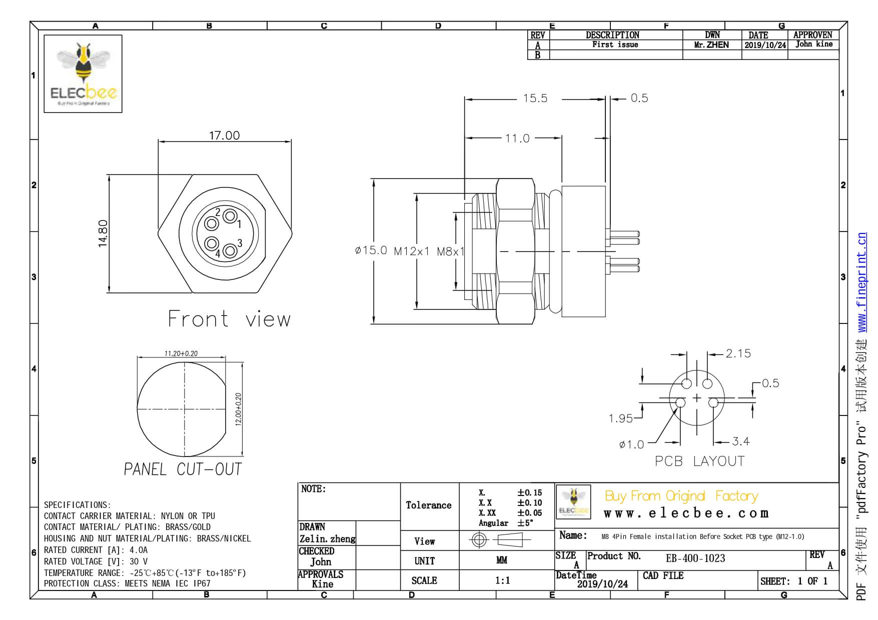 M8PCB连接器板端前锁A型4芯直式防水母座连接器