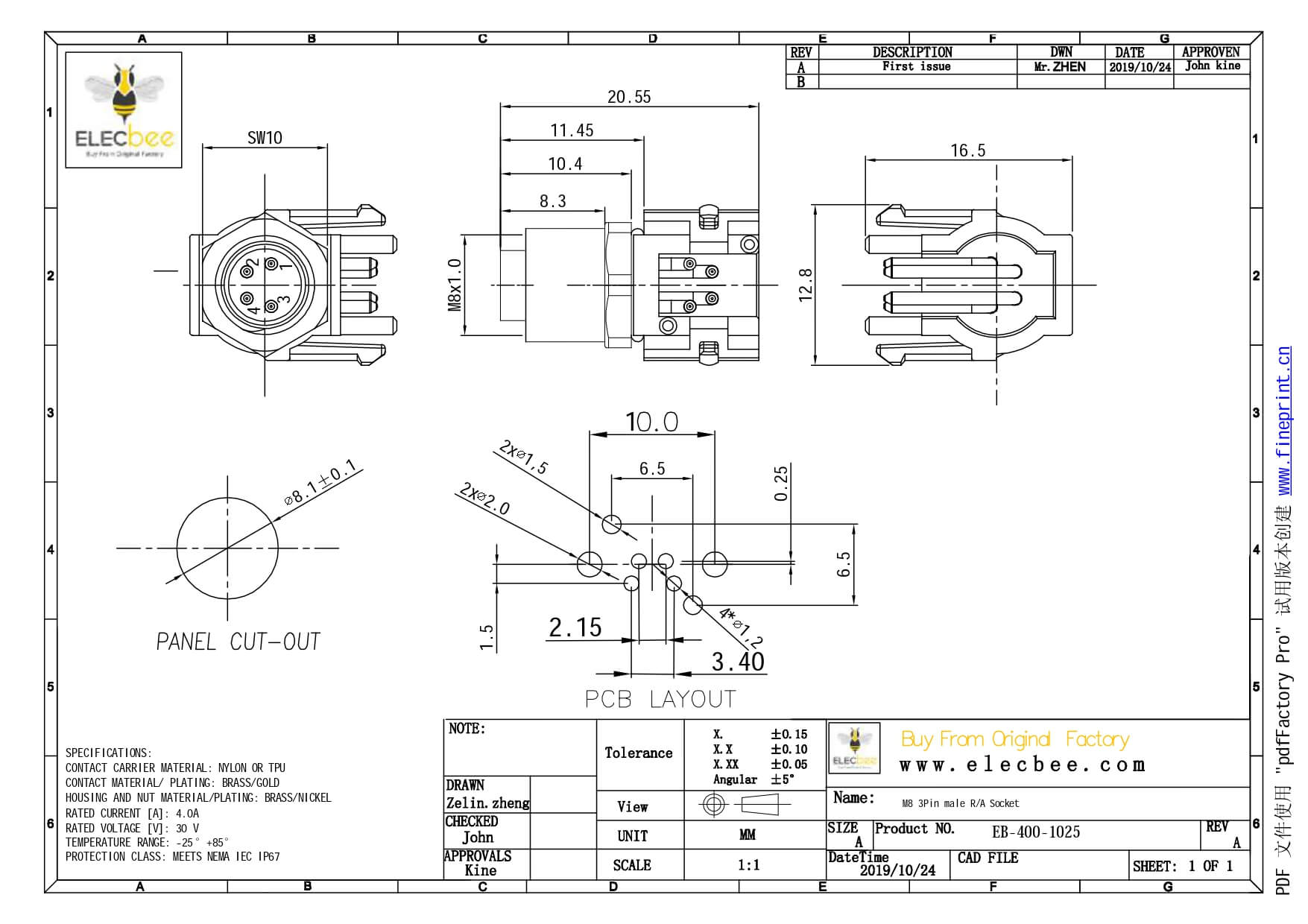 M8PCB板端弯头连接器A型4芯防水母座传感器