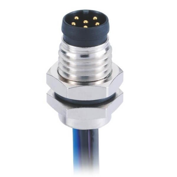 圆形连接器M8A型板端前锁直式防水焊线式6芯公插座连接器接1米26AWG线 圆形连接器M8A型板端前锁直式防水焊线式6芯公插座连接器接1米26AWG线