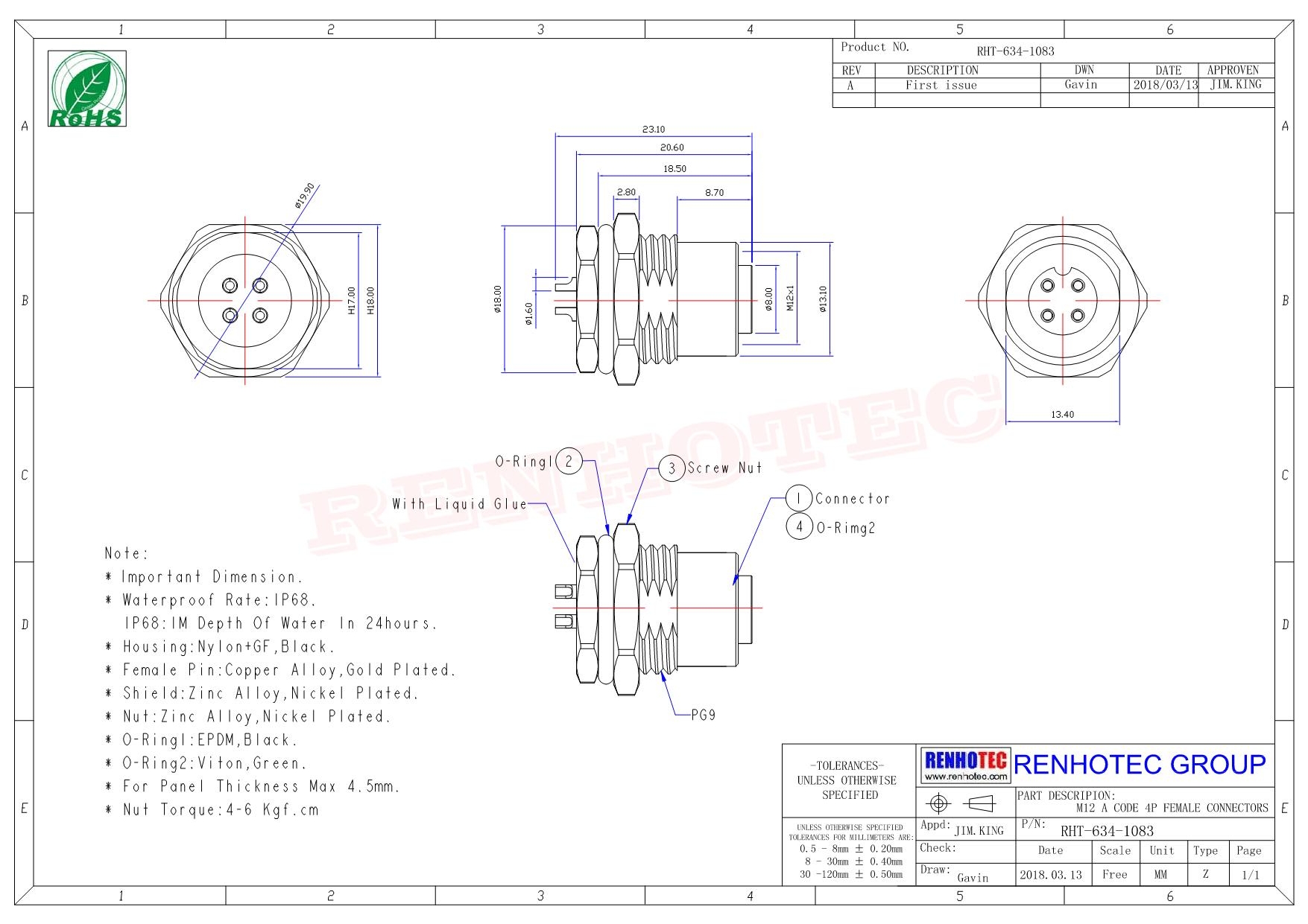 M12板端插座IP67防水连接器4pin直式带屏蔽1M AWG22母头前锁带线型