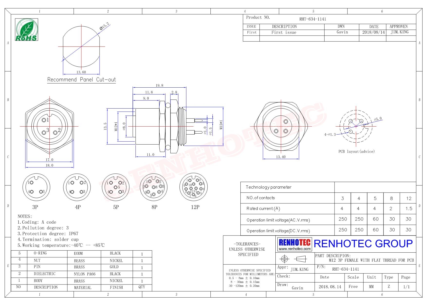 M12 PCB连接器8芯A型板端母座后锁防水连接器