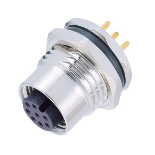 M12圆形防水连接器8芯母头A扣插座PCB通孔插板式接触针前锁 M12圆形防水连接器8芯母头A扣插座PCB通孔插板式接触针前锁