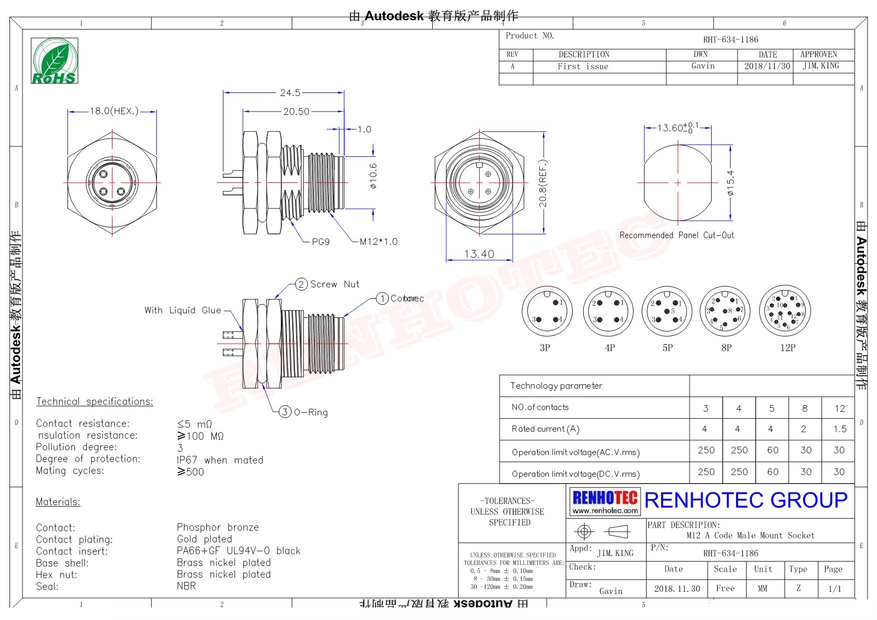 防水接头M12 12芯 A编码带屏蔽直式前锁板公插座1M AWG26