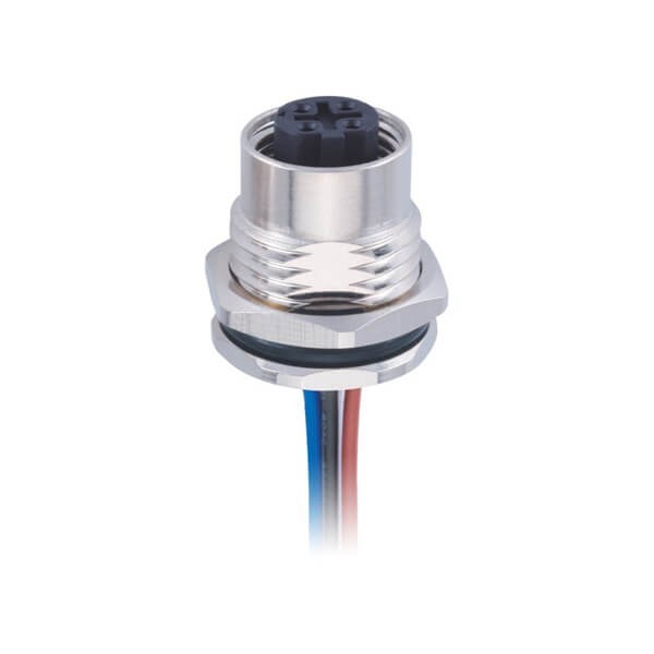 M12传感连接器 4pin D型板端母座子 前锁焊线1M AWG22 防水插头带屏蔽 M12传感连接器 4pin D型板端母座子 前锁焊线1M AWG22 防水插头带屏蔽
