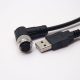 m12母头弯式17芯工业防水A编码插头转USB2.0直式公头不带屏蔽1M AWG26